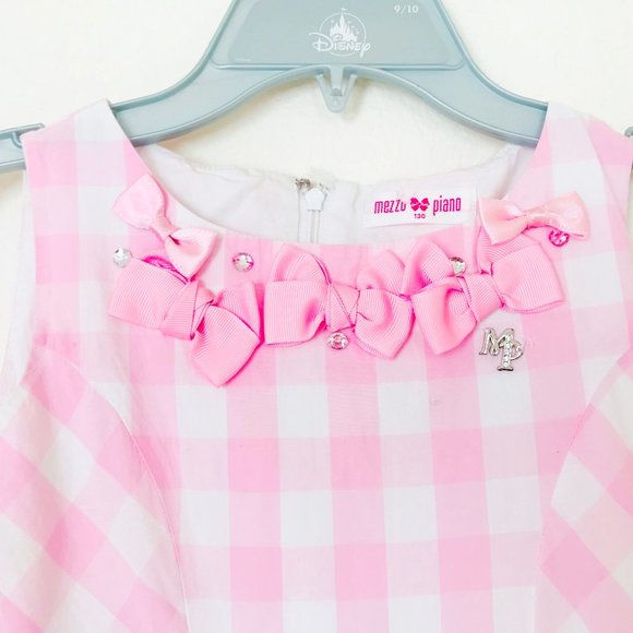 Mezzo Piano Japan Brand Girls Pink White Plaid Bow Flared Dress 130 6 7 8 - Picture 5 of 8